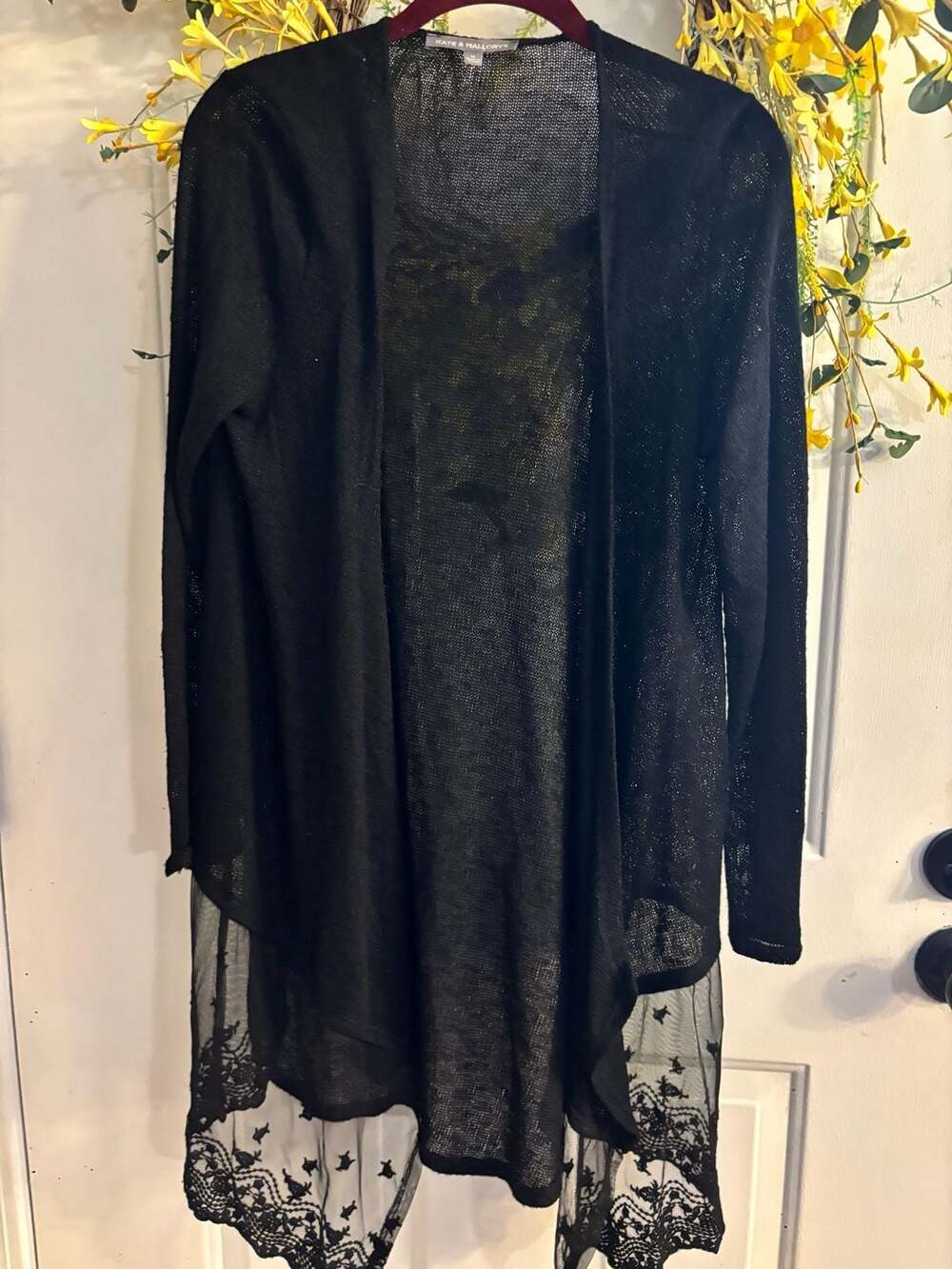 Kate & Mallory Black Open Front Knit Cardigan with Lace Hem Detail
